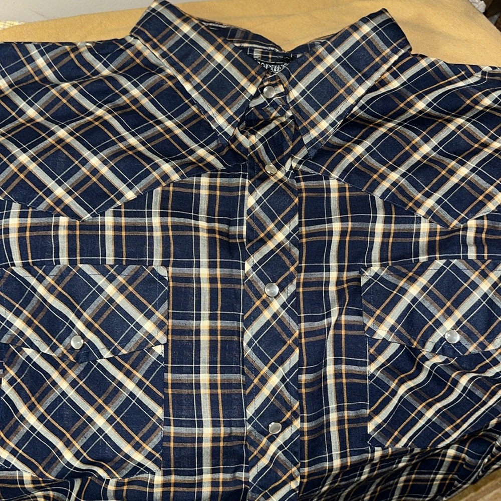 Vintage 70s Christopher Rand blue plaid Western Shirt Tan Rockabilly men’s  XL